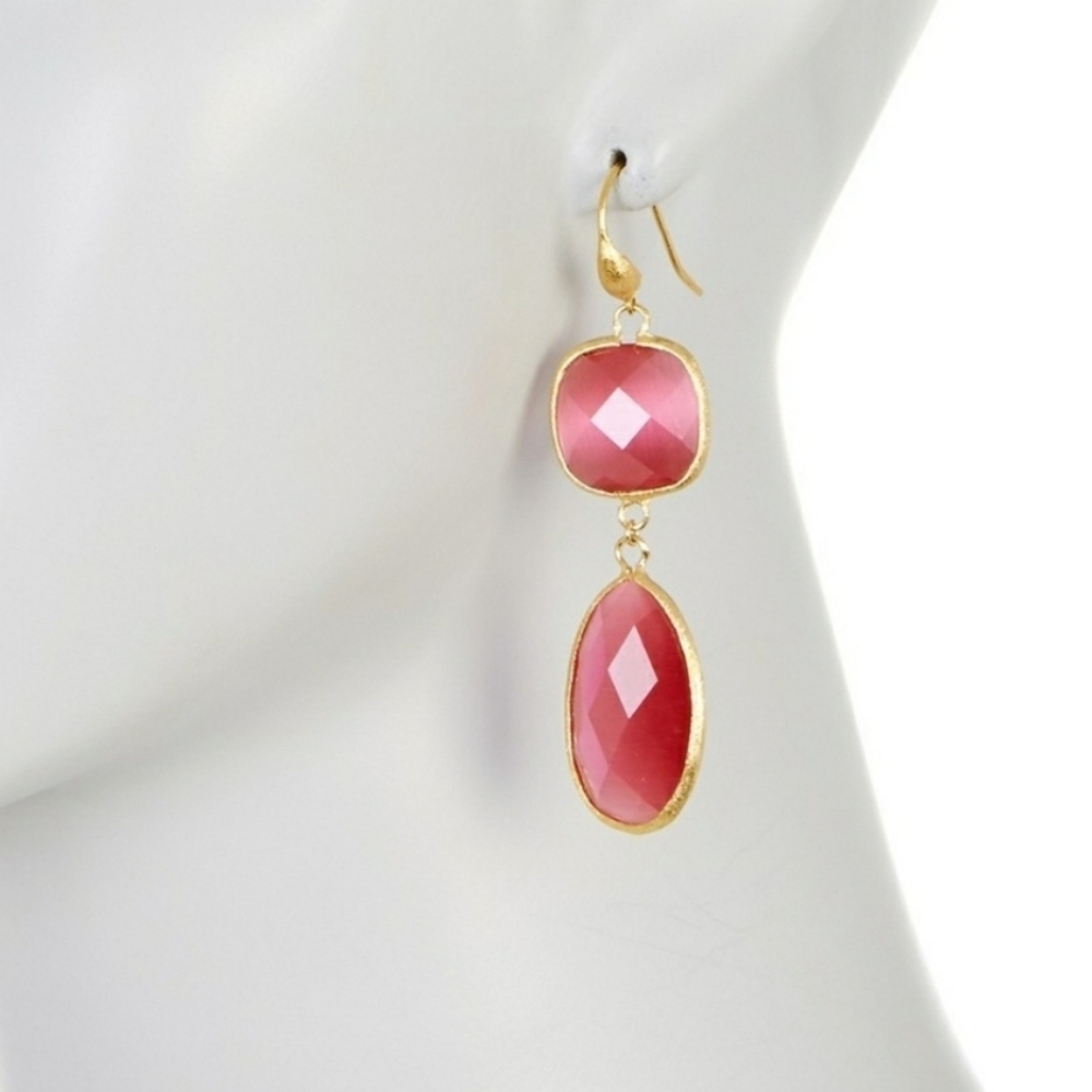 Rivka Friedman Faceted Raspberry Cat's Eye Crystal Bold Double Dangle Earrings